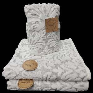 4pc COMMON THREAD Scroll Leaf Damask Luxury Bath & Hand Towel Set White Gray NEW